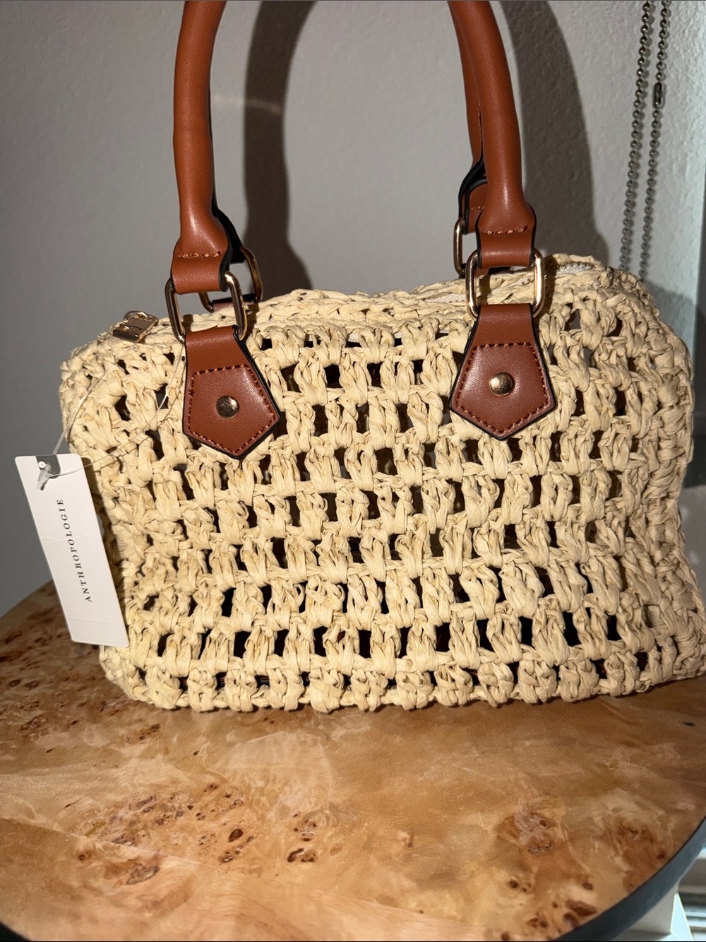 Anthropologie Cream Woven Shoulder Bag with Brown Handles - Picture 6 of 6